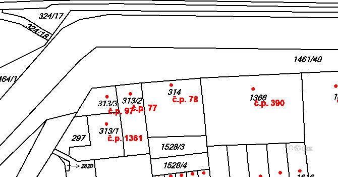 Horka-Domky 78, Třebíč na parcele st. 314 v KÚ Třebíč, Katastrální mapa