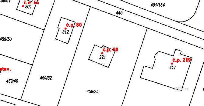 Horoušánky 90, Horoušany na parcele st. 221 v KÚ Horoušany, Katastrální mapa