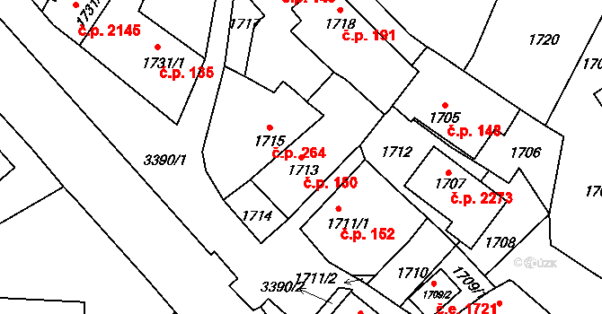 Pelhřimov 150 na parcele st. 1713 v KÚ Pelhřimov, Katastrální mapa