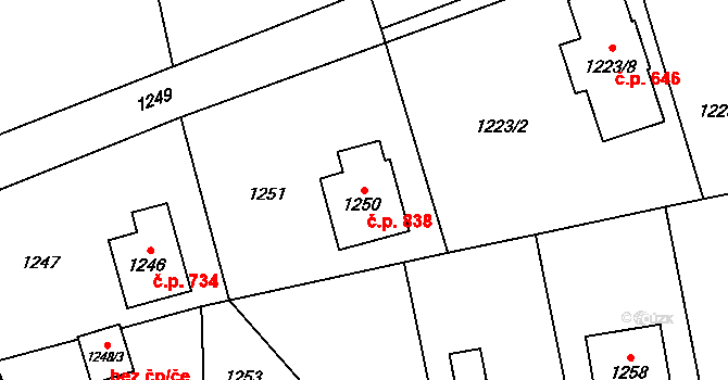 Jablunkov 838 na parcele st. 1250 v KÚ Jablunkov, Katastrální mapa