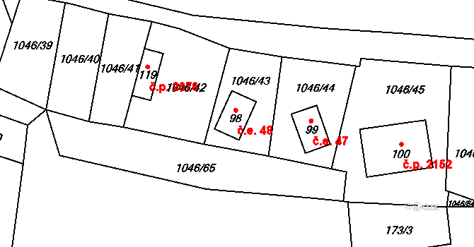 Hrušková 48, Sokolov na parcele st. 98 v KÚ Hrušková, Katastrální mapa