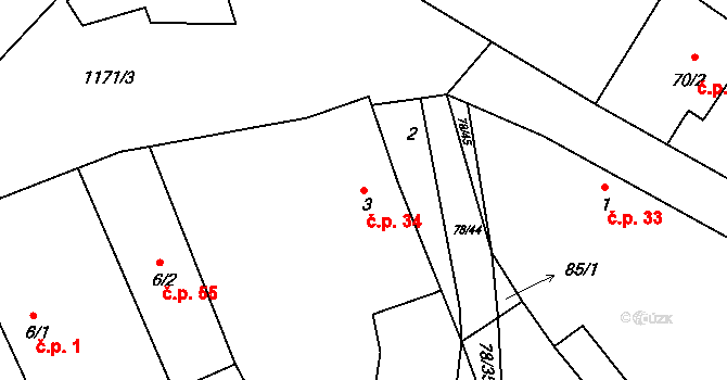 Hradové Střimelice 34, Stříbrná Skalice na parcele st. 3 v KÚ Hradové Střimelice, Katastrální mapa