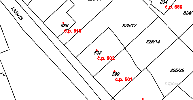 Bakov nad Jizerou 502 na parcele st. 598 v KÚ Bakov nad Jizerou, Katastrální mapa