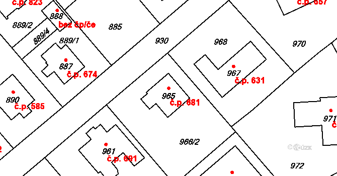 Šeberov 681, Praha na parcele st. 965 v KÚ Šeberov, Katastrální mapa