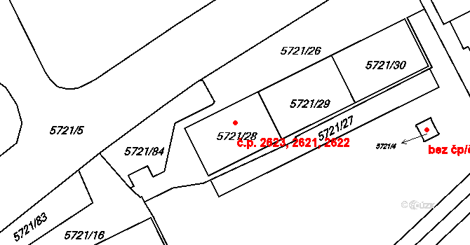 Záběhlice 2621,2622,2623, Praha na parcele st. 5721/28 v KÚ Záběhlice, Katastrální mapa