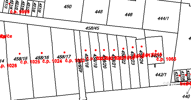 Střešovice 1021, Praha na parcele st. 458/19 v KÚ Střešovice, Katastrální mapa