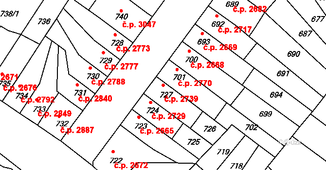 Chomutov 2739 na parcele st. 727 v KÚ Chomutov II, Katastrální mapa