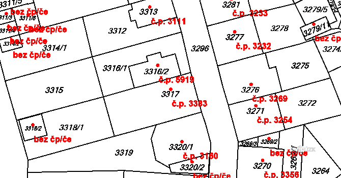 Chomutov 3383 na parcele st. 3317 v KÚ Chomutov I, Katastrální mapa
