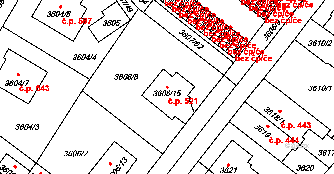 Božkov 521, Plzeň na parcele st. 3606/15 v KÚ Plzeň, Katastrální mapa