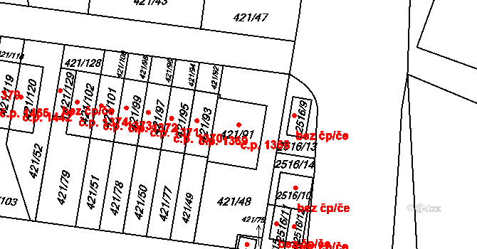 Doubravka 1368, Plzeň na parcele st. 421/91 v KÚ Doubravka, Katastrální mapa
