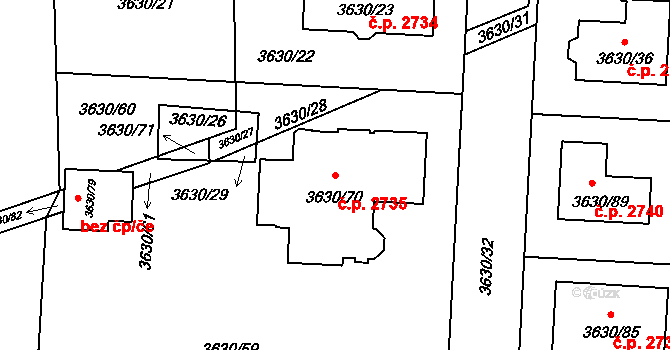 Louny 2735 na parcele st. 3630/70 v KÚ Louny, Katastrální mapa