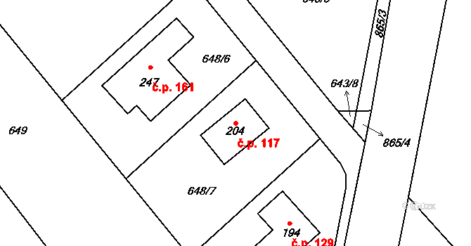 Čavisov 117 na parcele st. 204 v KÚ Čavisov, Katastrální mapa