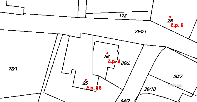 Panenská 4, Jemnice na parcele st. 56 v KÚ Panenská, Katastrální mapa