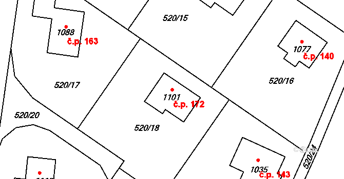 Čtyřkoly 172 na parcele st. 1101 v KÚ Čtyřkoly, Katastrální mapa