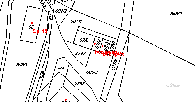 Hanušovice 42191246 na parcele st. 57/2 v KÚ Hanušovice, Katastrální mapa