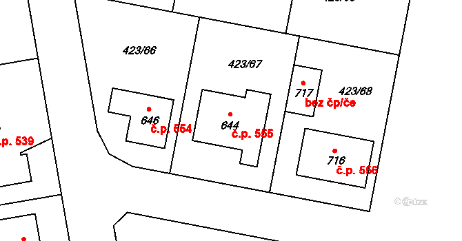 Kralice na Hané 555 na parcele st. 644 v KÚ Kralice na Hané, Katastrální mapa