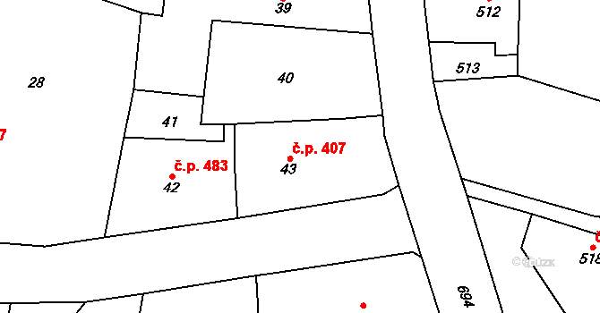 Řevnice 407 na parcele st. 43/1 v KÚ Řevnice, Katastrální mapa