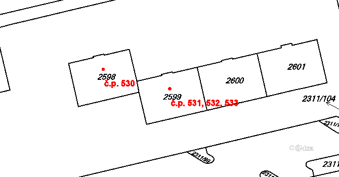 Týnské Předměstí 531,532,533, Domažlice na parcele st. 2599 v KÚ Domažlice, Katastrální mapa