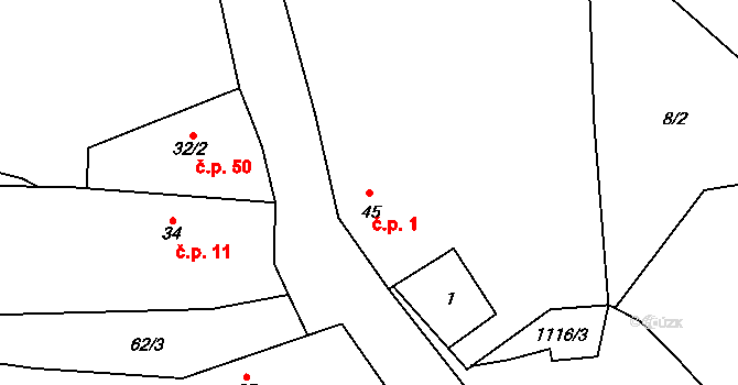 Kvasetice 1, Plánice na parcele st. 45 v KÚ Kvasetice, Katastrální mapa