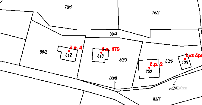 Hvozdnice 179 na parcele st. 313 v KÚ Hvozdnice, Katastrální mapa