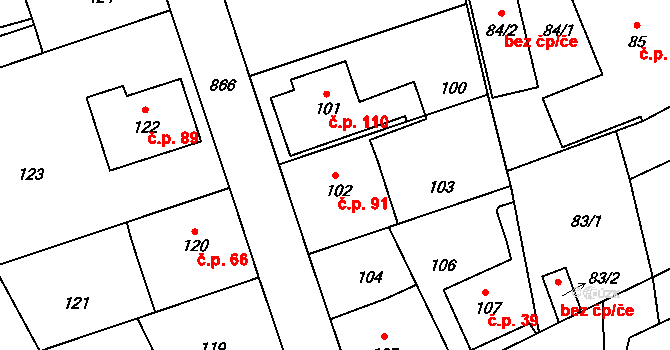 Černé Budy 91, Sázava na parcele st. 102 v KÚ Černé Budy, Katastrální mapa