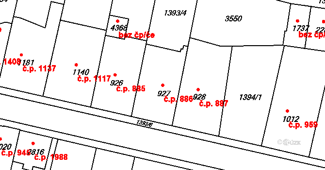 Nymburk 886 na parcele st. 927 v KÚ Nymburk, Katastrální mapa