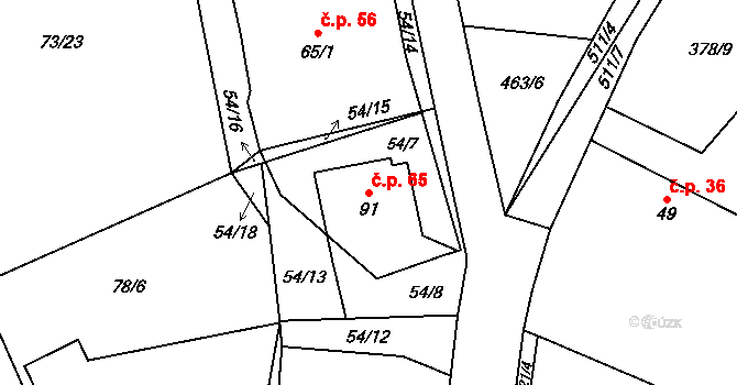Borek 65 na parcele st. 91 v KÚ Borek, Katastrální mapa