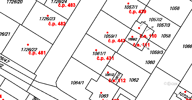 Hrušovany u Brna 431 na parcele st. 1061/1 v KÚ Hrušovany u Brna, Katastrální mapa