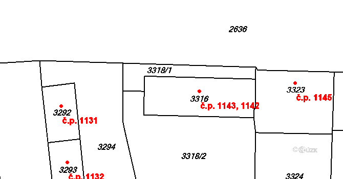 Pod Bezručovým vrchem 1142,1143, Krnov na parcele st. 3316 v KÚ Krnov-Horní Předměstí, Katastrální mapa