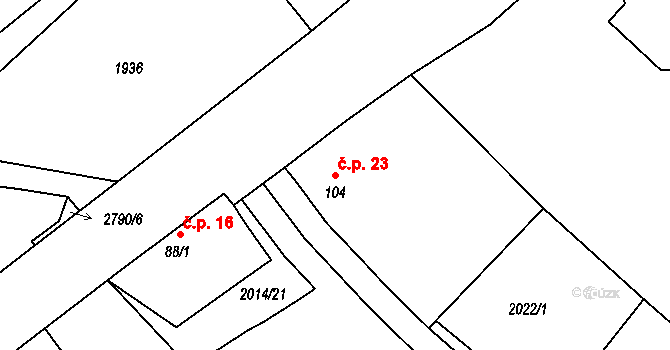 Pašice 23, Pištín na parcele st. 104 v KÚ Pašice, Katastrální mapa