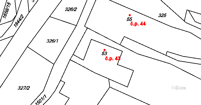 Lužany 43 na parcele st. 53 v KÚ Lužany u Jičína, Katastrální mapa