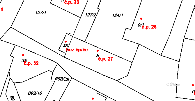 Sudoměřice u Bechyně 27 na parcele st. 8 v KÚ Sudoměřice u Bechyně, Katastrální mapa