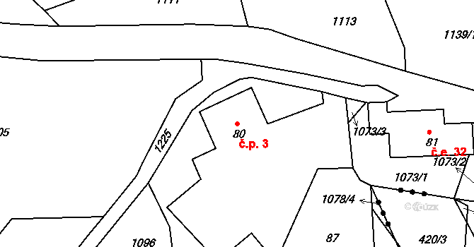 Levín 3 na parcele st. 80 v KÚ Muckov, Katastrální mapa