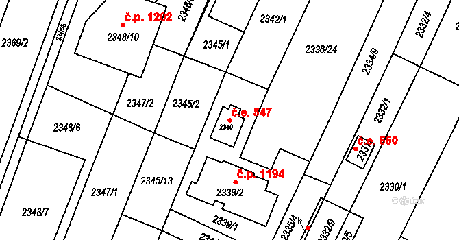 Komín 547, Brno na parcele st. 2340 v KÚ Komín, Katastrální mapa