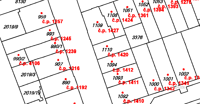 Hodonín 1420 na parcele st. 1110 v KÚ Hodonín, Katastrální mapa