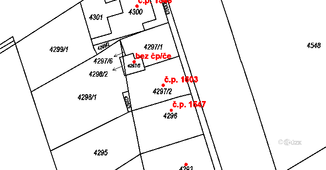 Chomutov 1603 na parcele st. 4297/2 v KÚ Chomutov I, Katastrální mapa