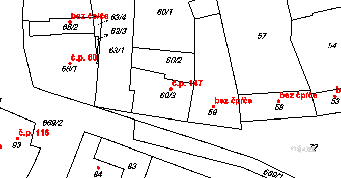 Řeznovice 147, Ivančice na parcele st. 60/3 v KÚ Řeznovice, Katastrální mapa