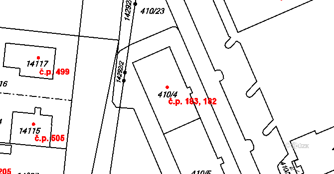 Hradiště 182,183, Plzeň na parcele st. 410/5 v KÚ Hradiště u Plzně, Katastrální mapa