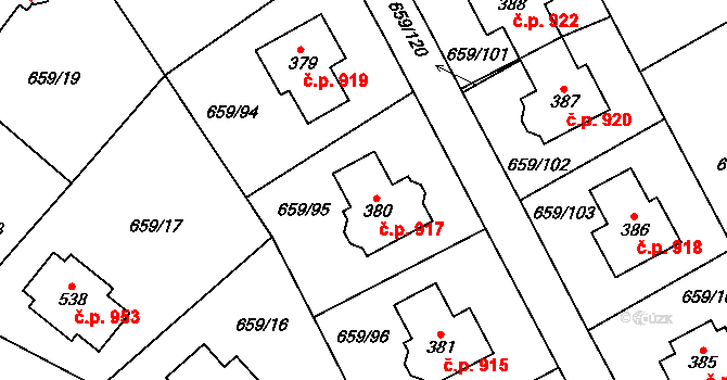 Hlubočinka 917, Sulice na parcele st. 380 v KÚ Sulice, Katastrální mapa