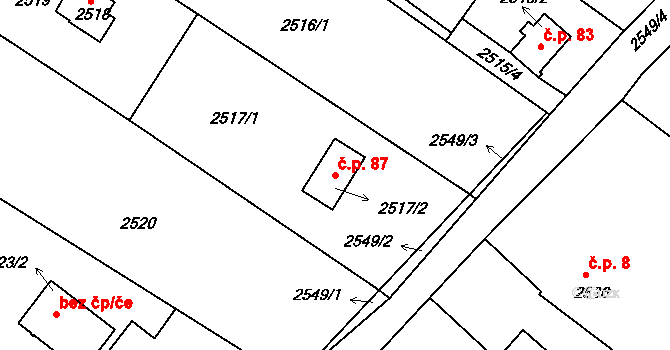 Vodná 87, Kamenice nad Lipou na parcele st. 2517/2 v KÚ Kamenice nad Lipou, Katastrální mapa