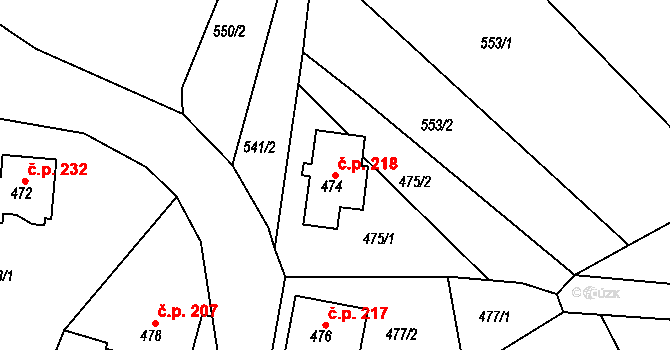 Lomnice 218 na parcele st. 474 v KÚ Lomnice u Sokolova, Katastrální mapa