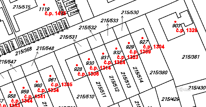 Rudná 1324 na parcele st. 931 v KÚ Hořelice, Katastrální mapa