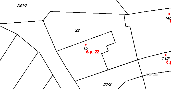 Lhotice 22 na parcele st. 15 v KÚ Lhotice u Jemnice, Katastrální mapa