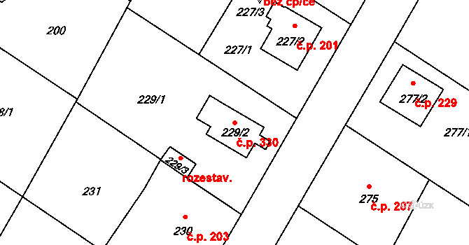 Radčice 330, Plzeň na parcele st. 229/2 v KÚ Radčice u Plzně, Katastrální mapa