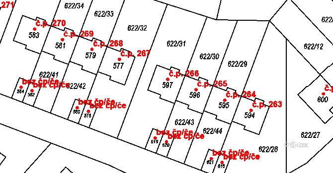 Kunice 266 na parcele st. 597 v KÚ Kunice u Říčan, Katastrální mapa