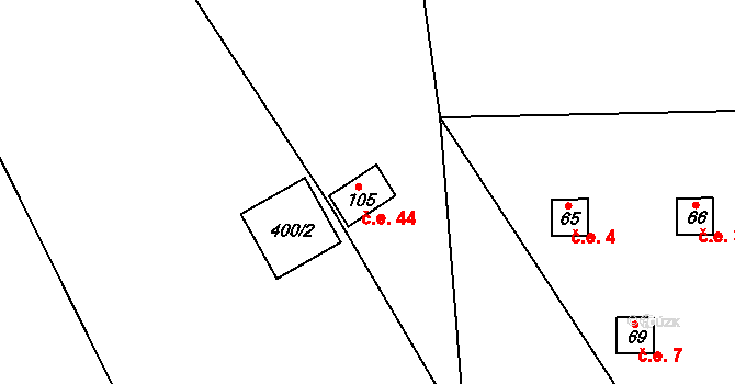 Dědovice 44, Ostrovec na parcele st. 105 v KÚ Dědovice, Katastrální mapa