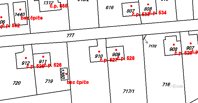 Heřmanice 527, Ostrava na parcele st. 910 v KÚ Heřmanice, Katastrální mapa