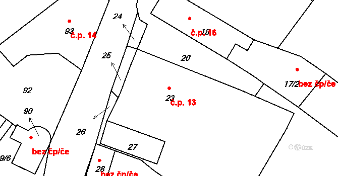 Jestřabí 13, Fulnek na parcele st. 23 v KÚ Jestřabí u Fulneku, Katastrální mapa