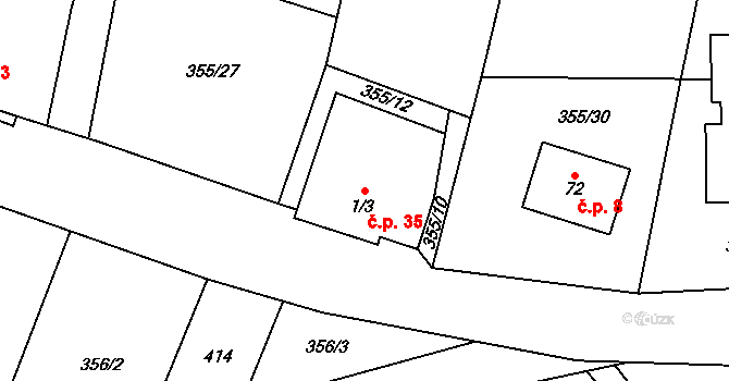 Houžná 35, Lenora na parcele st. 1/3 v KÚ Houžná, Katastrální mapa