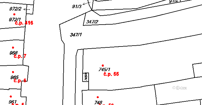 Hlohovec 55 na parcele st. 745/1 v KÚ Hlohovec, Katastrální mapa